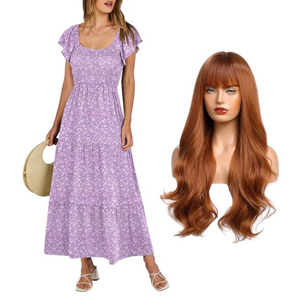 purple smocked dress with auburn wig with bangs for midge barbie costume