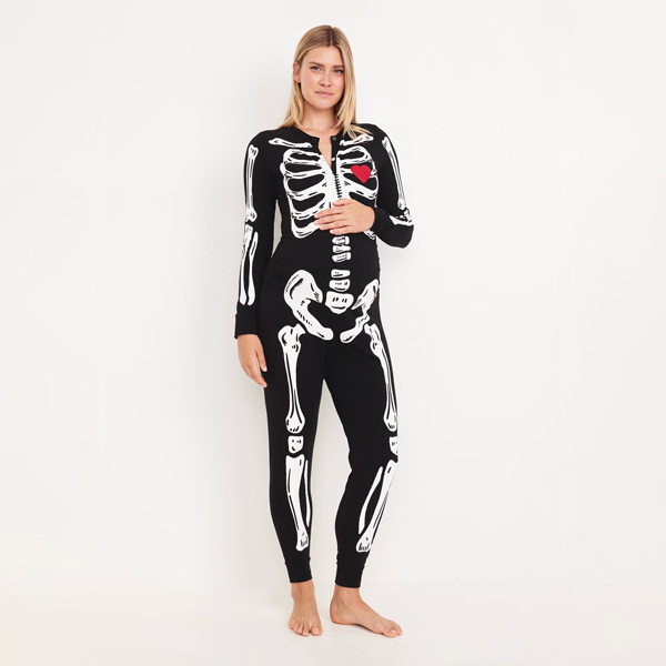 Maternity Halloween One-Piece Zippered Skeleton Pajamas with Red Heart from Old Navy