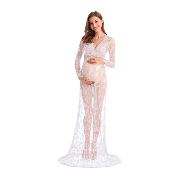 Boudoir Maternity Long Sleeve Lace Dress Women Deep V-Neck Wedding Party Long Dress for Hailey Bieber Halloween Costume