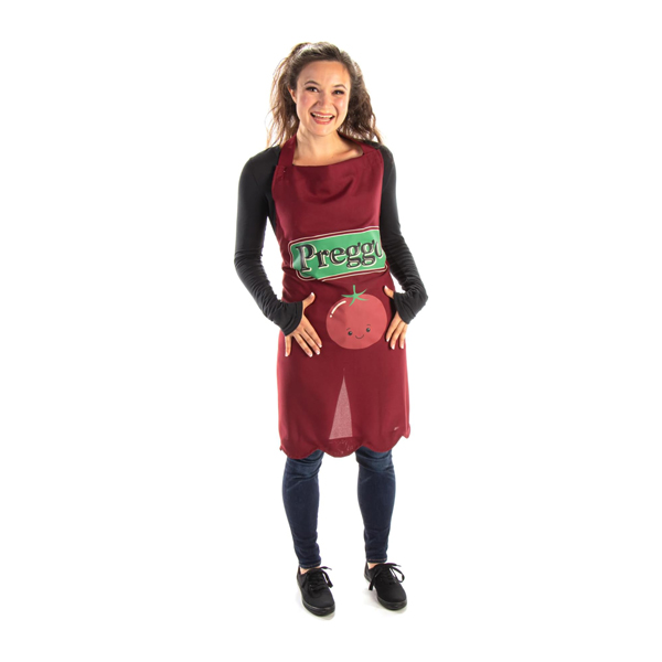 Preggo can of tomato sauce apron for Halloween costume pregnancy announcement