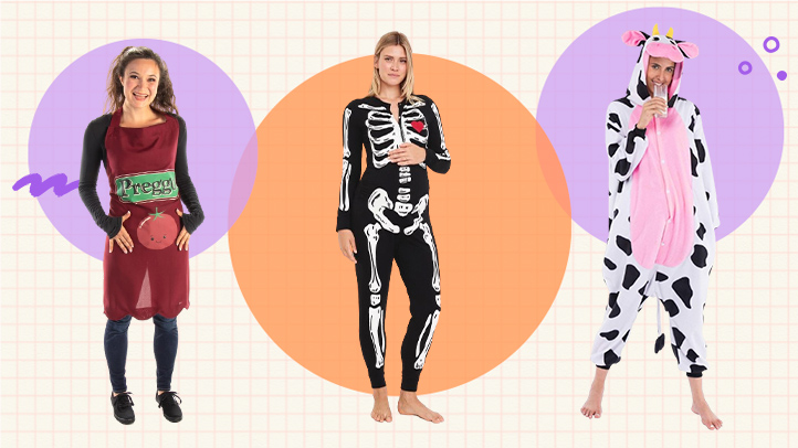 Best Pregnant Halloween Costumes collage with Preggo can of tomato sauce, sekelton onesie and cow pajamas