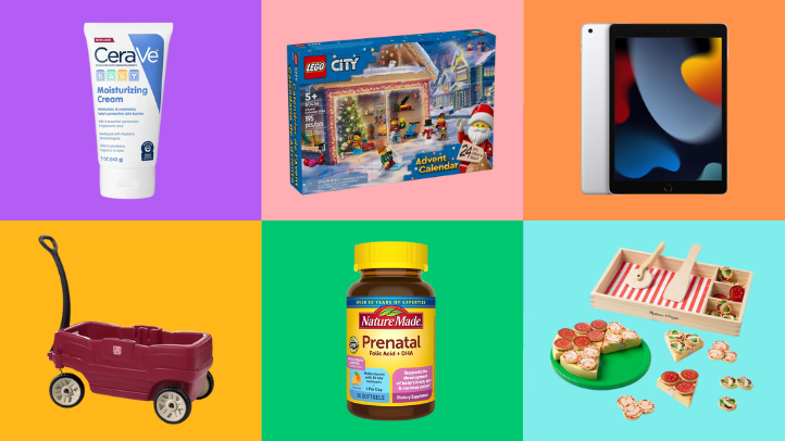 Collage of early Prime Day deals this October, including CeraVe baby cream, a Lego Advent calendar, iPads, a red wagon, pre-natal vitamins, and wooden toys